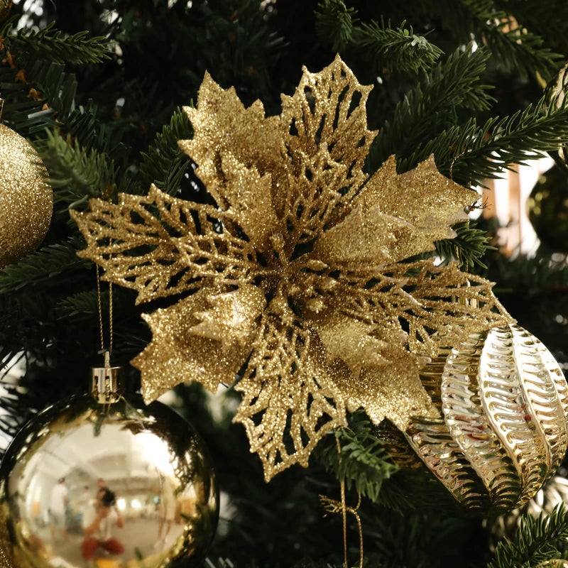 Wironlst 16 Pcs Glitter Poinsettia Flowers Artificial - Christmas Gold Poinsettia Decorations Tree Flowers Ornaments for Xmas/Holiday/Seasonal/Wedding Decor - Image 4