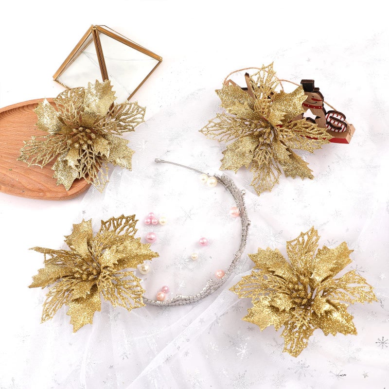 Wironlst 16 Pcs Glitter Poinsettia Flowers Artificial - Christmas Gold Poinsettia Decorations Tree Flowers Ornaments for Xmas/Holiday/Seasonal/Wedding Decor - Image 5