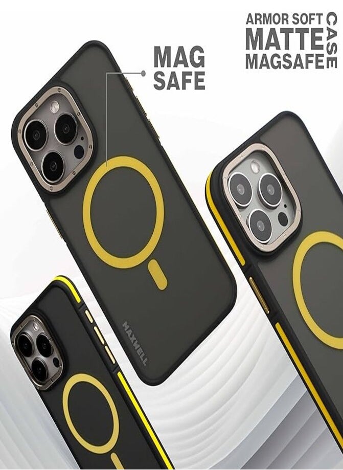 Maxwell Armor Soft Matte Compatible with MagSafe Case for iPhone15 Pro Max - Full Protection, Drop-Proof, Metallic Lens Guard, Compatible with MagSafe (Yellow)