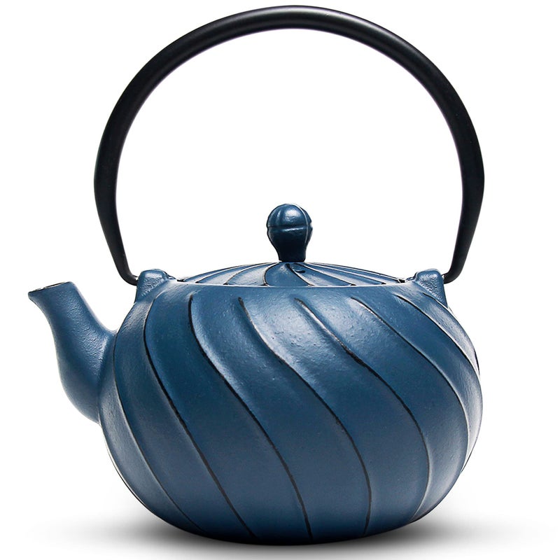 toptier Tea Kettle, TOPTIER Japanese Cast Iron Teapot with Stainless Steel Infuser, Cast Iron Tea Kettle for Stove Top, Wave Design Teapot Coated with Enameled Interior for 30 Ounce (900 ml), Navy Blue - Image 1