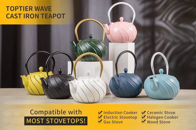 toptier Tea Kettle, TOPTIER Japanese Cast Iron Teapot with Stainless Steel Infuser, Cast Iron Tea Kettle for Stove Top, Wave Design Teapot Coated with Enameled Interior for 30 Ounce (900 ml), Navy Blue - Image 2
