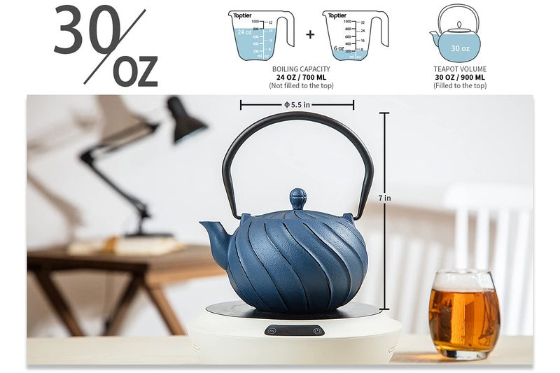 toptier Tea Kettle, TOPTIER Japanese Cast Iron Teapot with Stainless Steel Infuser, Cast Iron Tea Kettle for Stove Top, Wave Design Teapot Coated with Enameled Interior for 30 Ounce (900 ml), Navy Blue - Image 4