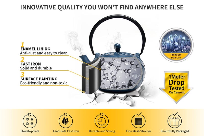 toptier Tea Kettle, TOPTIER Japanese Cast Iron Teapot with Stainless Steel Infuser, Cast Iron Tea Kettle for Stove Top, Wave Design Teapot Coated with Enameled Interior for 30 Ounce (900 ml), Navy Blue - Image 3