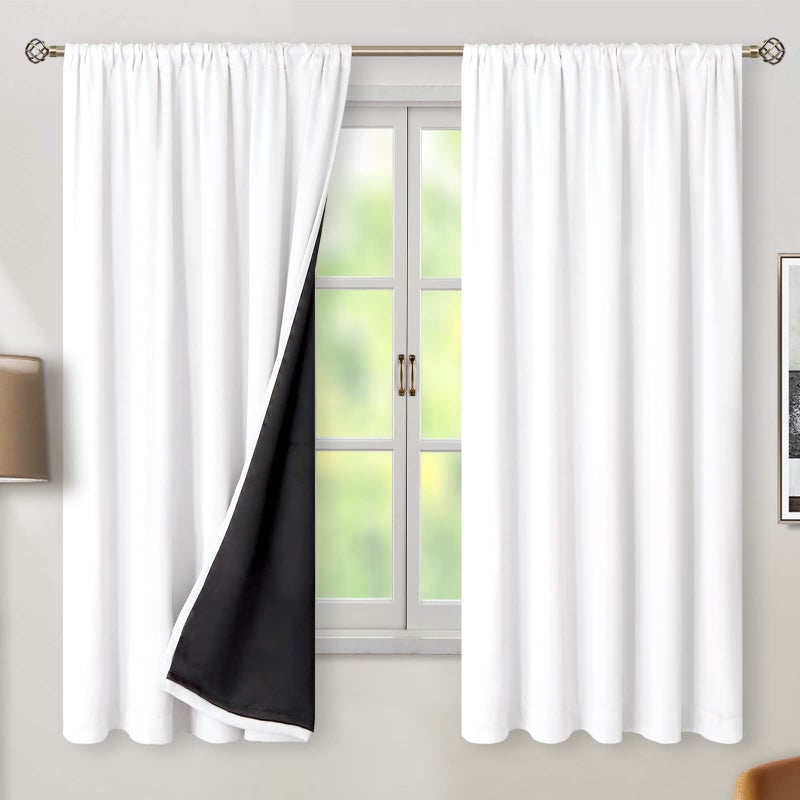 BGment بجلات نقية أبيض 100 ٪ انقطاع الستائر 63 بوصة طول مع جيب قضيب البطانة المعزول الحراري وعلامة التبويب الخلفية طبقة مزدوجة غرفة ناتجة غامق لغرفة النوم 2 لوحات كل 52 × 63 بوصة - Image 2