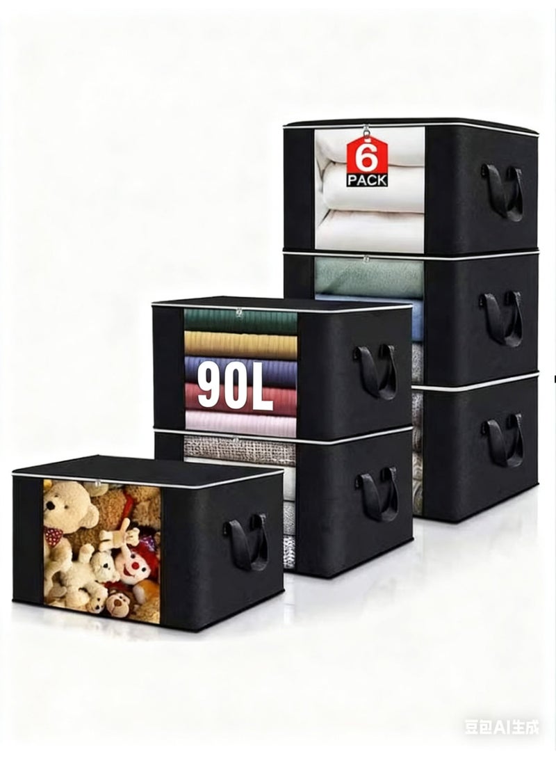 صندوق تخزين كبير السعة مكون من 6 قطع للملابس وحقائب تخزين البطانيات القابلة للطي ومنظم الخزانة وحاويات التخزين مع أغطية ومقبض، نافذة شفافة للبطانيات والملابس والفراش 90 لترًا. (اسود) - Image 1