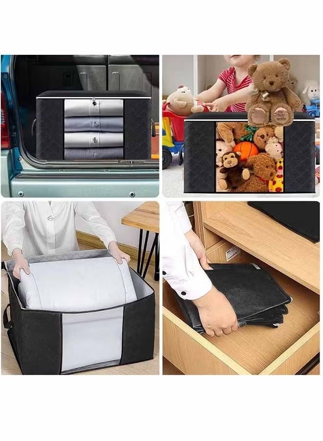 صندوق تخزين كبير السعة مكون من 6 قطع للملابس وحقائب تخزين البطانيات القابلة للطي ومنظم الخزانة وحاويات التخزين مع أغطية ومقبض، نافذة شفافة للبطانيات والملابس والفراش 90 لترًا. (اسود) - Image 2