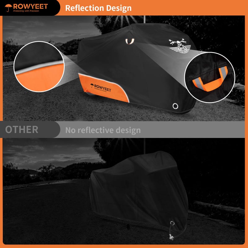 ROWYEET Motorcycle Cover Waterproof Outdoor Storage with Lock-Holes, Zipper Storage Bag & Night Reflective Design, All Season Protection Powersports Vehicle Covers Fits up to 96.5" Motorcycles - Image 3