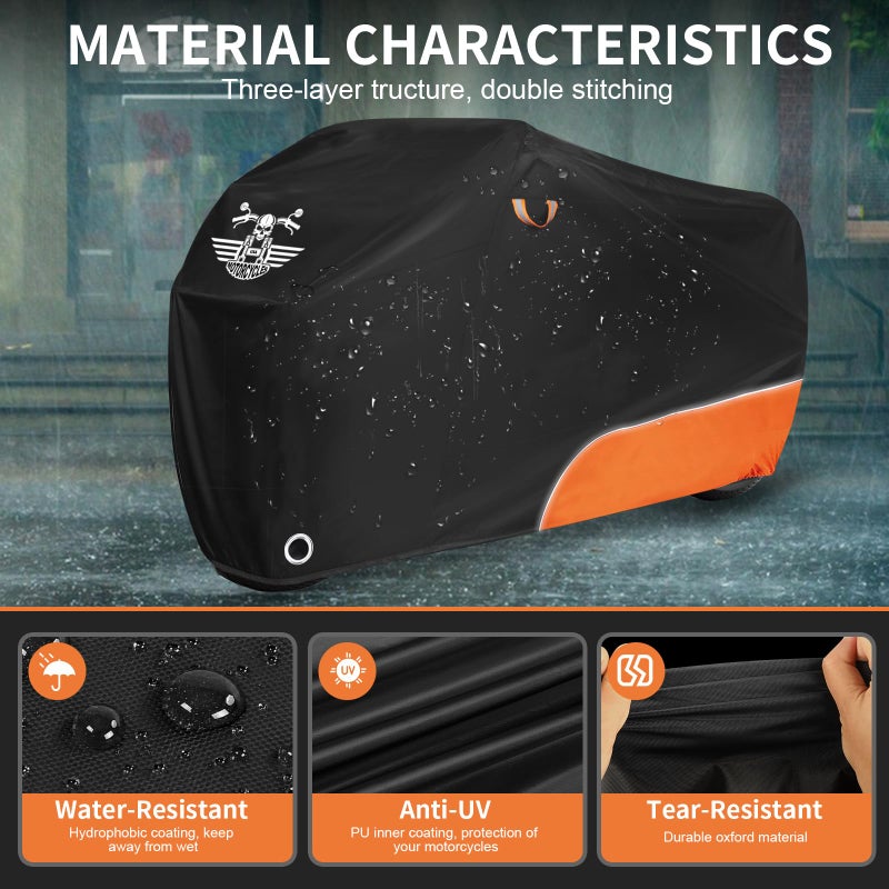 ROWYEET Motorcycle Cover Waterproof Outdoor Storage with Lock-Holes, Zipper Storage Bag & Night Reflective Design, All Season Protection Powersports Vehicle Covers Fits up to 96.5" Motorcycles - Image 4