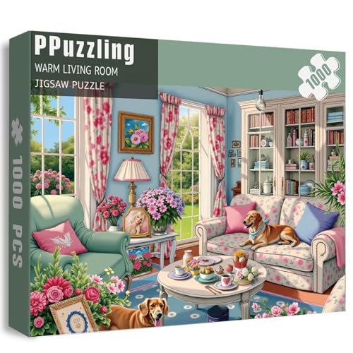 PPuzzling Living Room Puzzle 1000 Pieces for Adults Flower Dog Jigsaw Puzzle Challenging Floral Room Puzzle as Wall Decor - Image 1