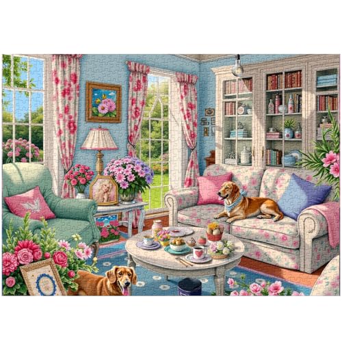 PPuzzling Living Room Puzzle 1000 Pieces for Adults Flower Dog Jigsaw Puzzle Challenging Floral Room Puzzle as Wall Decor - Image 5