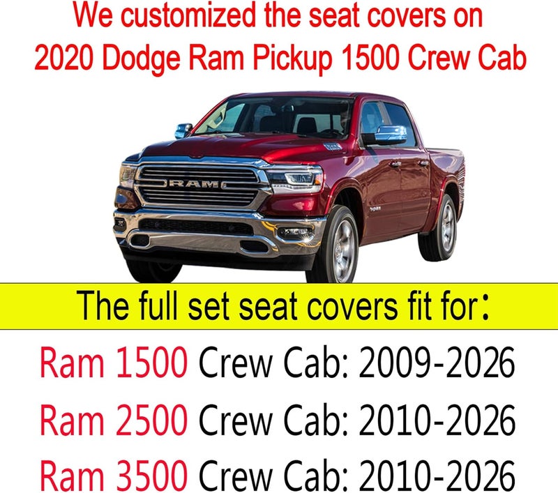 YIERTAI Custom Fit Car Seat Covers for Dodge Ram 2009-2023 1500 2010-2023 2500 3500 Pickup Mega Cab - Waterproof Leather, Black - Image 2