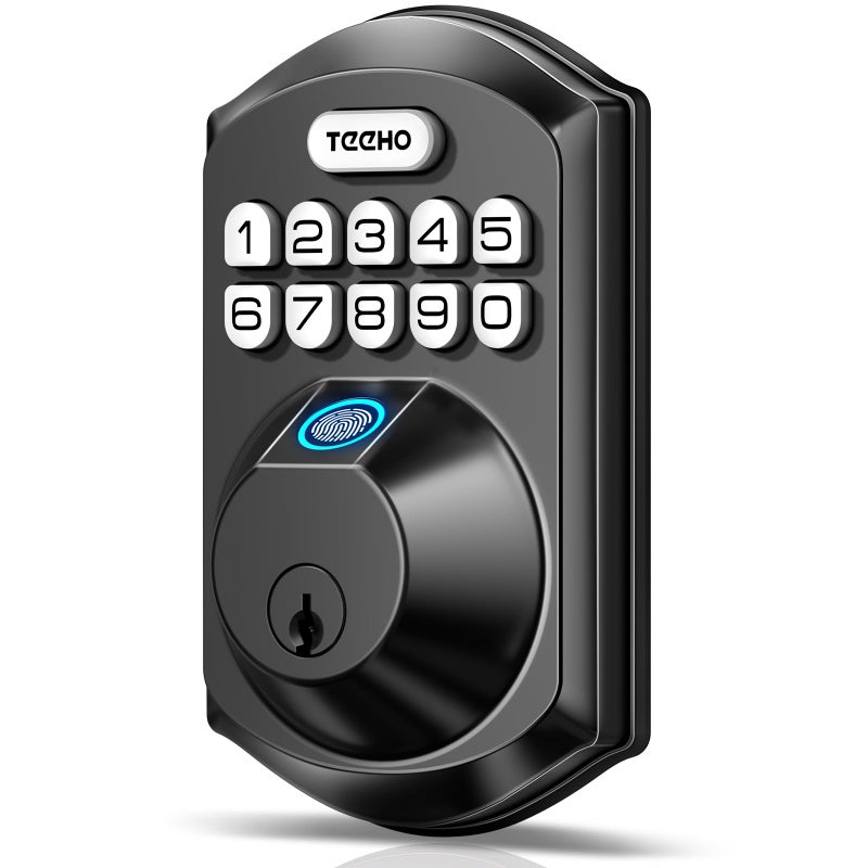 TEEHO TE002 Fingerprint Door Lock Keyless Entry Electronic Keypad Deadbolt with 2 Backup Keys Auto Lock Easy Installation Smart Locks for Front Door Matte Black
