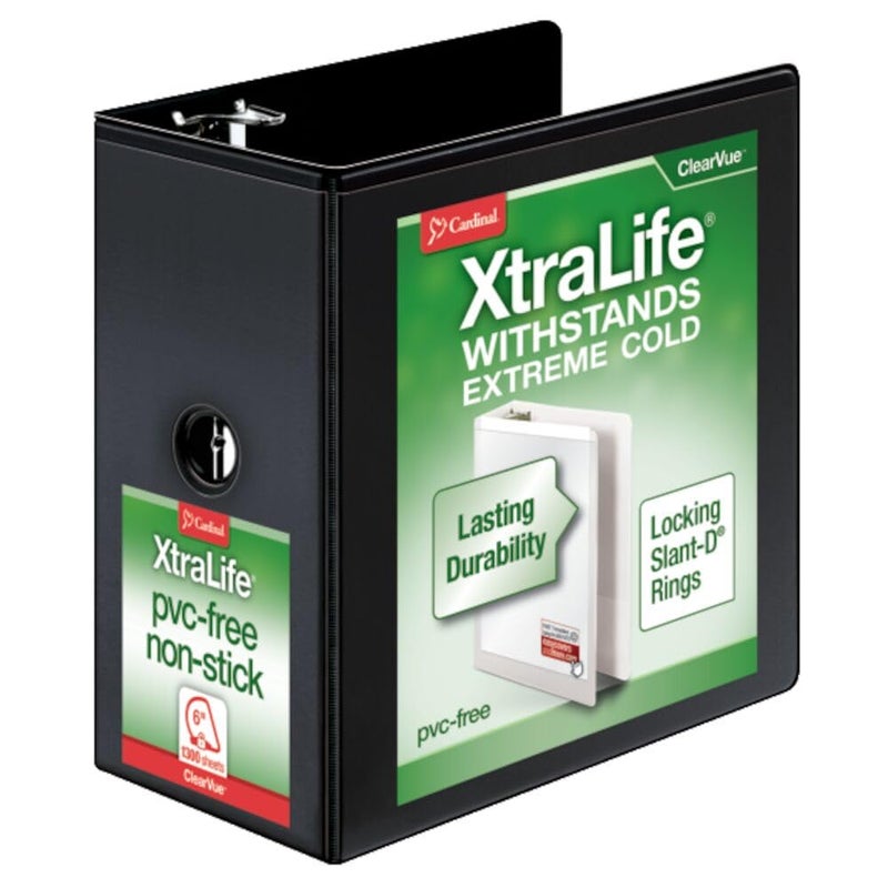 حافظة كاردينال 3 حلقات 6 بوصة ثقيلة الوزن XtraLife مع أقفال حلقات SlantD مقاومة للتشقق غلاف عمود واضح مع أغطية رف تحمل 1300 ورقة باللون الأسود 26361