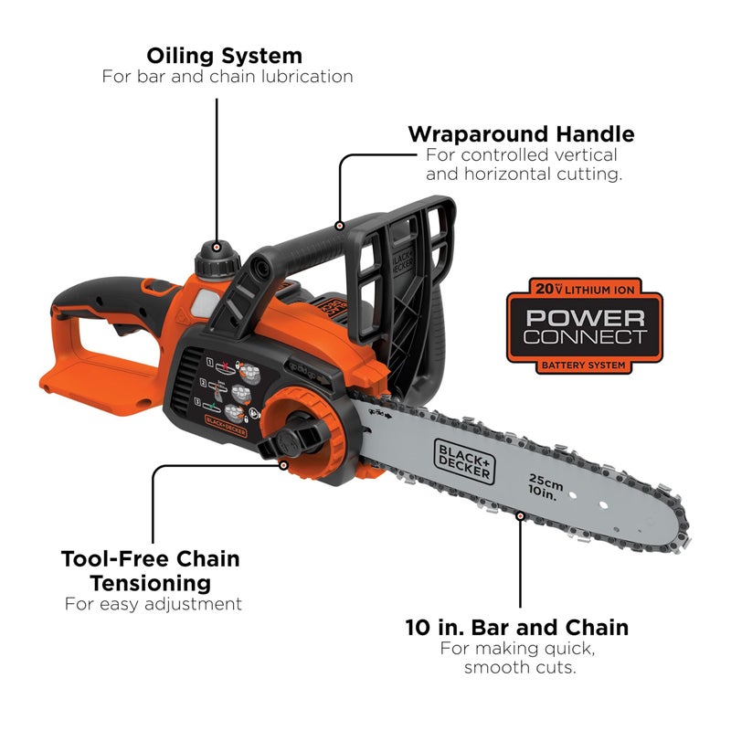 BLACK+DECKER منشار سلسلة بلاك + ديكر 20 فولت ماكس، منشار كهربائي لاسلكي، 10 بوصة، منشار بطارية، أداة فقط، لقطع الخشب وتشذيب الأشجار، يشمل غلاف شريط التوجيه (LCS1020B) - Image 2