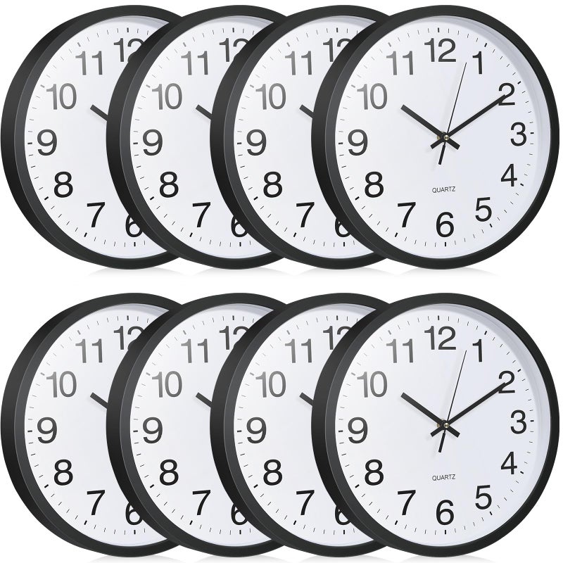 Inbagi 8 Pcs Wall Clock Bulk Large Silent Battery Operated Classroom Clocks Quartz Analog Non Ticking Wall Clocks Round for Office School Kitchen Classroom Home Bedroom DecorativeBlack12 Inch