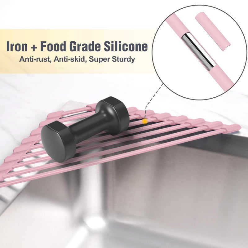 Tomorotec Tomorotec Compact Silicone-Coated Triangle Dish Drying Rack for Sink Corner - Foldable Stainless Steel Over-The-Sink Organizer and Storage Shelf (Pink) - Image 3