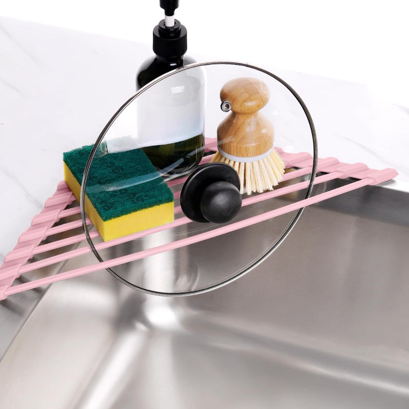 Tomorotec Tomorotec Compact Silicone-Coated Triangle Dish Drying Rack for Sink Corner - Foldable Stainless Steel Over-The-Sink Organizer and Storage Shelf (Pink) - Image 4