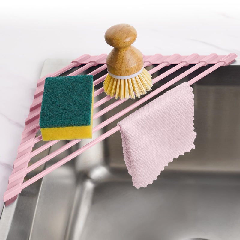Tomorotec Tomorotec Compact Silicone-Coated Triangle Dish Drying Rack for Sink Corner - Foldable Stainless Steel Over-The-Sink Organizer and Storage Shelf (Pink) - Image 1