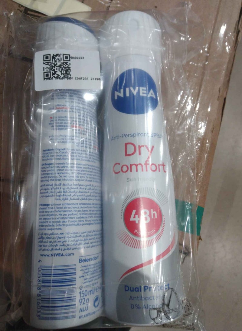 NIVEA Antiperspirant Spray for Women, Dry Comfort, 2x150ml