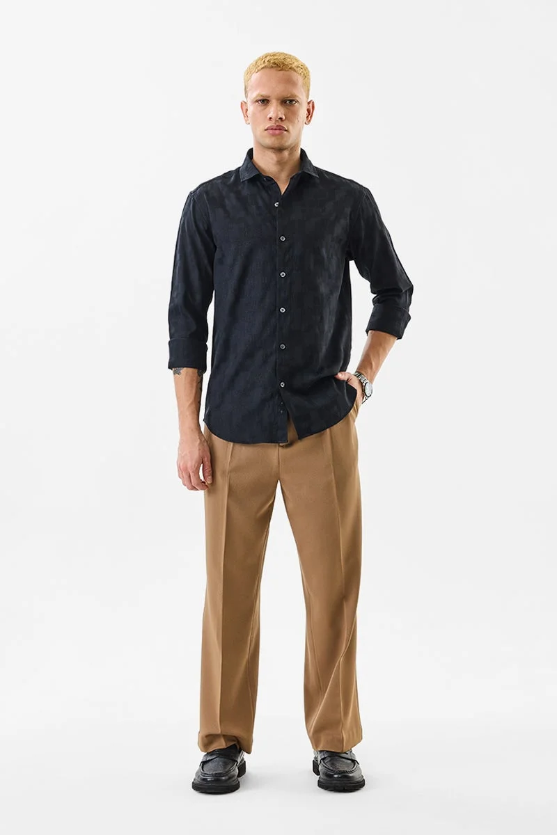 سنيتش Dark Grey Textured Long Sleeve Slim Fit Shirt