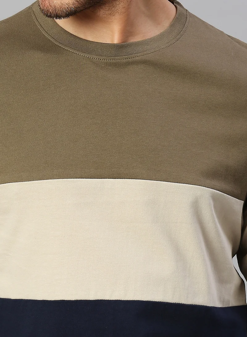 Dennis Lingo Men's Olive 100% Cotton Colourblocked Regular Fit T-Shirt