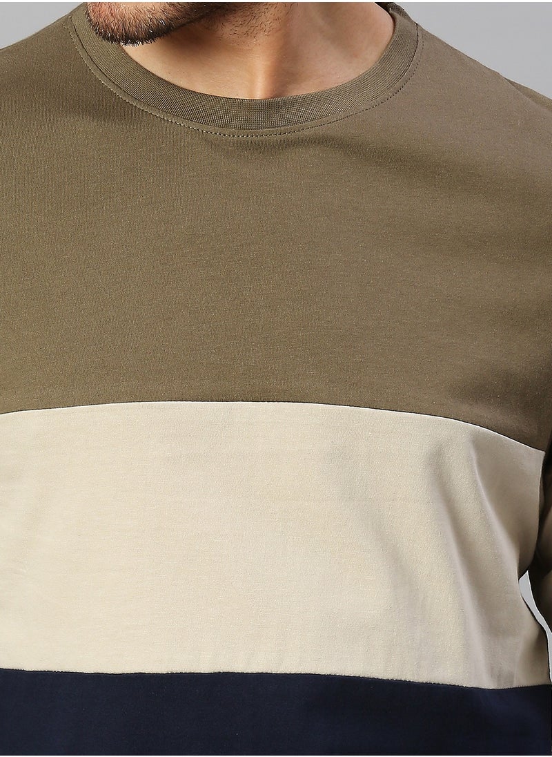 Dennis Lingo - Olive Regular Fit T-shirt for Men - Cotton, Colourblocked, Round Neck, Crew Neck, Full Sleeves, Knitted, Casual, - Image 1