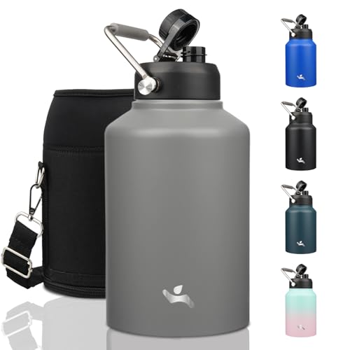 Konokyo 1 Gallon Jug with Handle,128 oz Insulated Water Bottle with Carrying Pouch, Double Wall Vacuum Stainless Steel Metal Bottle,Gray - Image 1
