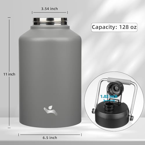 Konokyo 1 Gallon Jug with Handle,128 oz Insulated Water Bottle with Carrying Pouch, Double Wall Vacuum Stainless Steel Metal Bottle,Gray - Image 2
