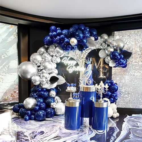 froufing Navy blue and silver balloon Garland Arch Kit 142Pcs pearl navy and chrome silver balloons for Class of 2026 Grad decorations Prom Ceremony Retirement Party New Years decorations - Image 1
