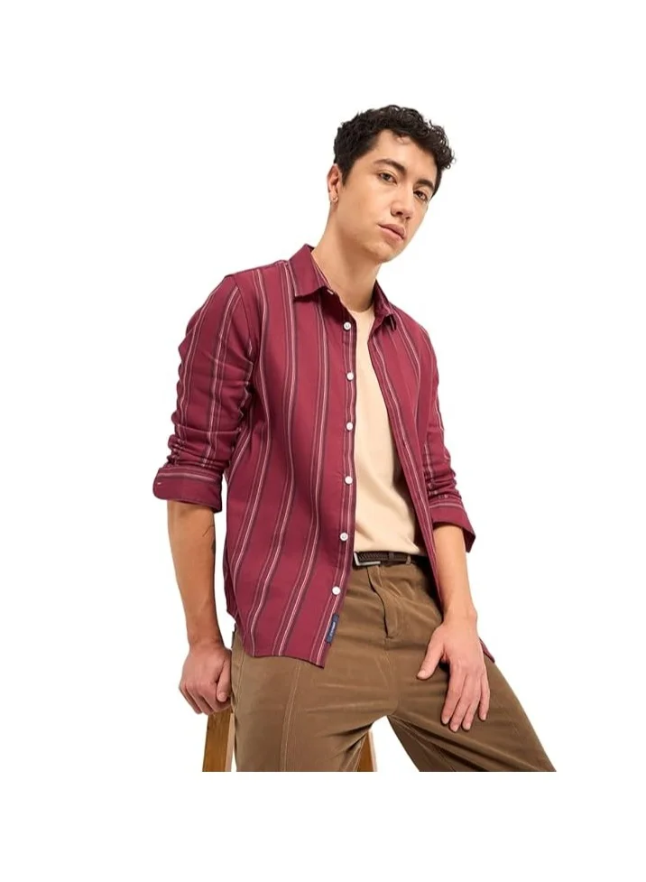 THE BEAR HOUSE Cotton Shirt for Men | Slim Fit, Long Sleeve, Casual or Formal Button-Down | Soft, Breathable Fabric for Work, Everyday, & All-Season Wear in Stylish Colors, Red, Size - S - XXL, (Toroxe)