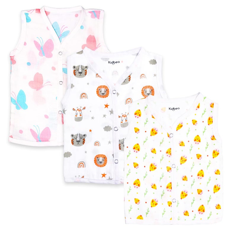 Kidbea جلباب كيدبيا من قطن موسلين الناعم للغاية للأولاد بطبعة فراشة، نمر وكتكوت لطيف - عبوة من 3 قطع من 3 أشهر إلى 6 أشهر - Image 1