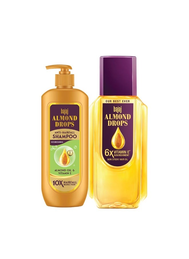 Bajaj Almond Drops Hair Nourishment Kit with 350ML Hair Oil & 340ML Shampoo for Hairfall Reduction & Soft, Shiny Hair - Image 1