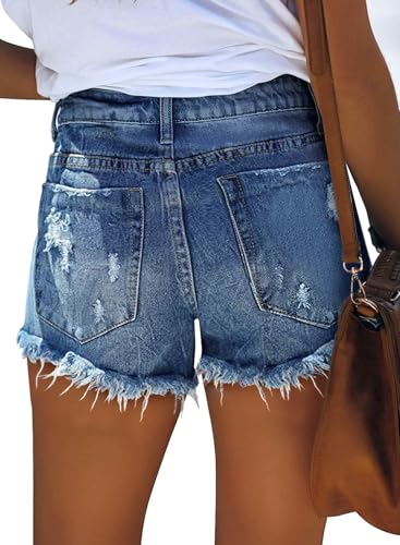 KISSMODA Women's Casual Denim Shorts Frayed Raw Hem Ripped Jeans Slim Fit Short Dark Blue Large - Image 3