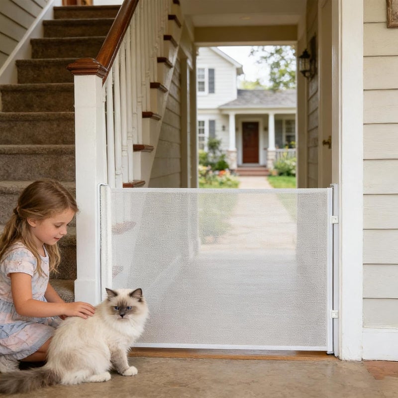 Dog Gates for Doorways,No Drilling Retractable Safety Fence,Indoor Dog Cat Mesh Safety Gate - for Outdoor Home Bedroom Living Room Bathroom Hallway Staircase Porch Garage Garden - Image 2