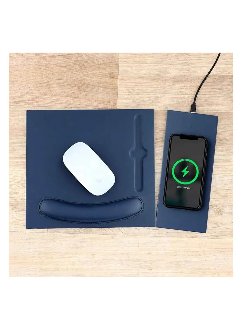Memorii Mouse pad with wrist support 2 in 1 mouse pad with detachable and attachable 10W wireless charger pad, tech gift for men, boss, office corporate gifts (Navy Blue)