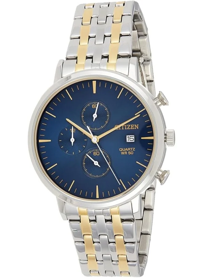CITIZEN Citizen Stainless Steel Watch, Round Blue Dial Men's, Two Tone (Silver/Gold) Case and Band with Chronograph and Date Display