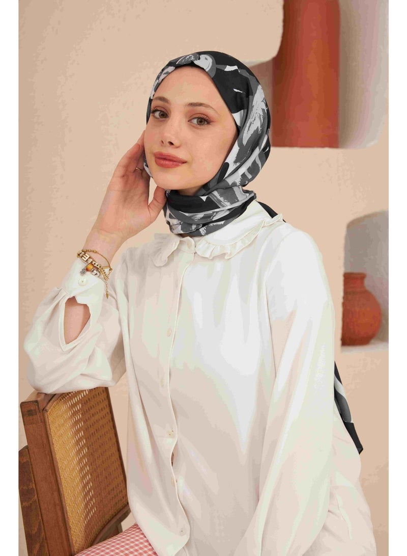 Soft Flowers Cotton-Blend Hijab Shawl in Black and Grey - Image 1