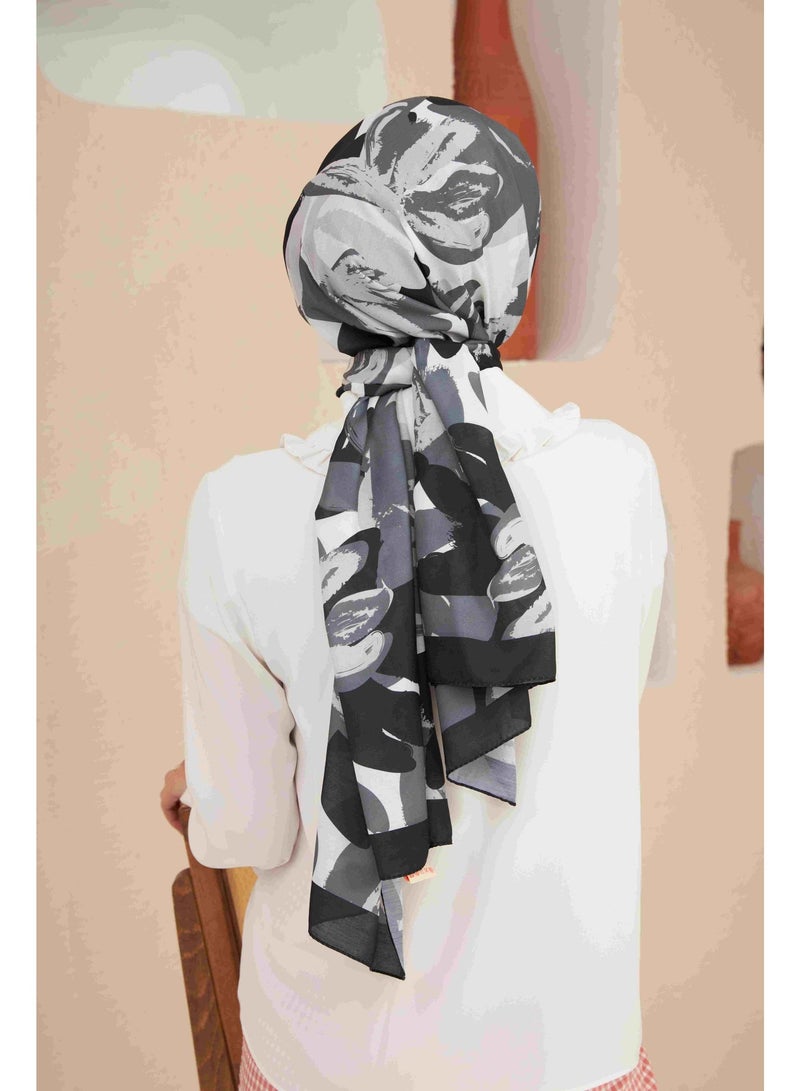 Soft Flowers Cotton-Blend Hijab Shawl in Black and Grey - Image 4