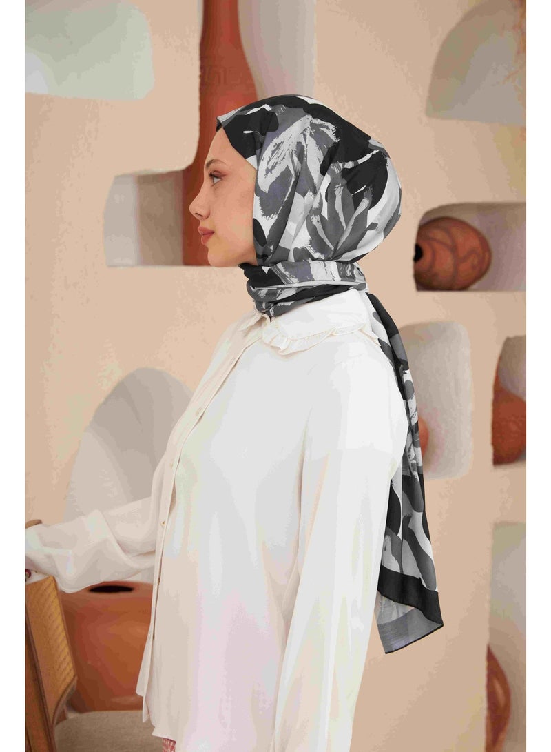 Soft Flowers Cotton-Blend Hijab Shawl in Black and Grey - Image 3