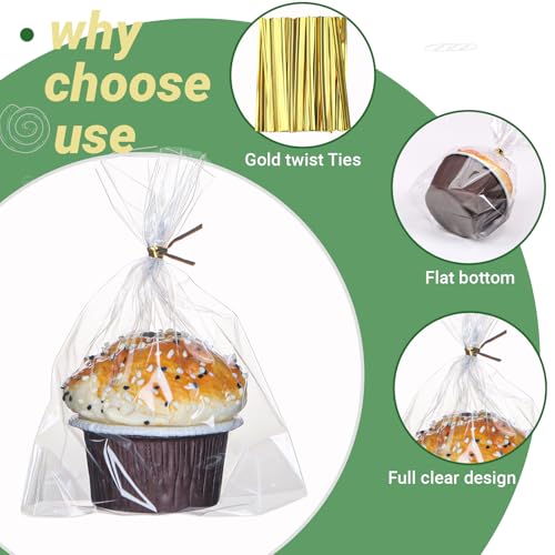 ROSPAKTEK 100 Pcs 5x6.5 Cellophane Muffin Bags with Gold Twist Ties – Commercial-Grade Flat-Bottom Design for Cupcakes, Cookies & Pastries (Fits Macarons/Chocolates/Strawberries) – Reusable - Image 4