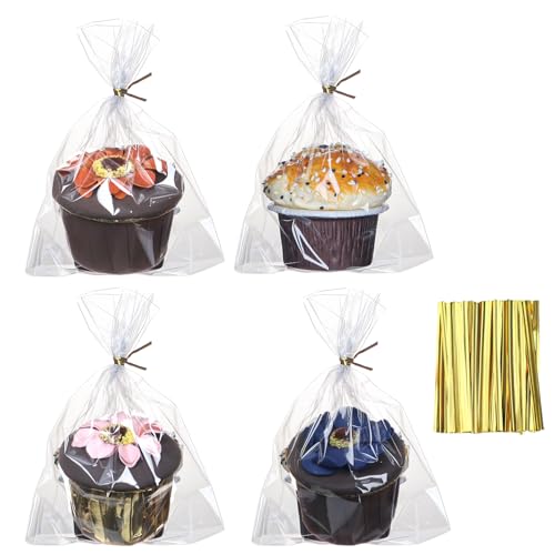 ROSPAKTEK 100 Pcs 5x6.5 Cellophane Muffin Bags with Gold Twist Ties – Commercial-Grade Flat-Bottom Design for Cupcakes, Cookies & Pastries (Fits Macarons/Chocolates/Strawberries) – Reusable - Image 1