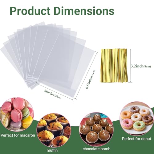ROSPAKTEK 100 Pcs 5x6.5 Cellophane Muffin Bags with Gold Twist Ties – Commercial-Grade Flat-Bottom Design for Cupcakes, Cookies & Pastries (Fits Macarons/Chocolates/Strawberries) – Reusable - Image 3