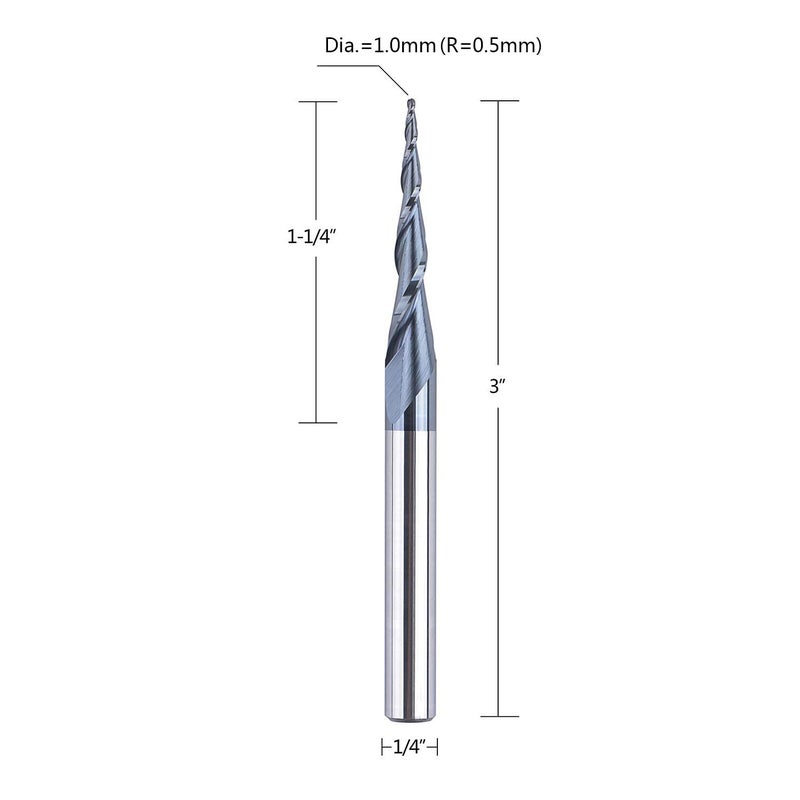 SpeTool Tapered Ball Nose Spiral Router Bit 1.0mm Tip Diameter (0.5mm Radius) 4.82 Deg for CNC Milling Engraver Carving Bits - Image 2