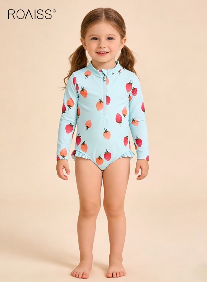 Girls' Long Sleeve Zipper One Piece Swimsuit, Summer Bathing Suit Built-In Sun Protection, Beach Rash Guard Swimwear for Toddler Girls