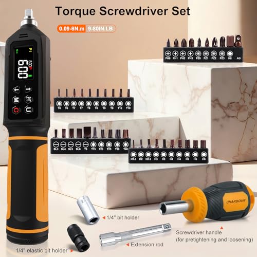 Uharbour Digital Torque Screwdriver 0096Nm Torque Screwdriver Set with 14 Elastic Bit Holder Extension Rod Flat Hex Torx and Philips Bits Suitable for Gunsmithing DIY Bicycle Maintenance - Image 3