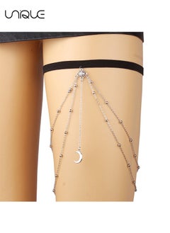 Unique Moon Thigh Chain Silver Tassel Crescent Moon Pendant Elastic Beads Layered Leg Harness Body Chain Boho Bikini Party Body Chain Beach Hottie Leg Chain Jewelry for Women Girls（Silver）  - Image 1