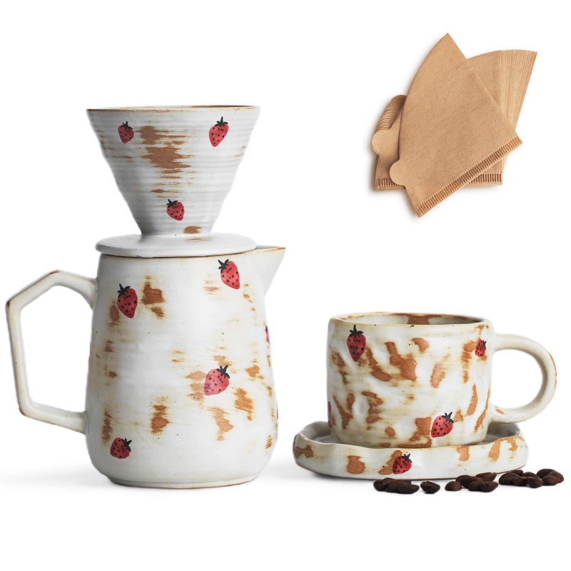 Handcrafted Pour Over Coffee Maker Set with Coffee Cup with Strawberry Pattern 20 Count Paper Filter V60 Drip Coffee Maker 20 oz Coffee Dripper Strawberry