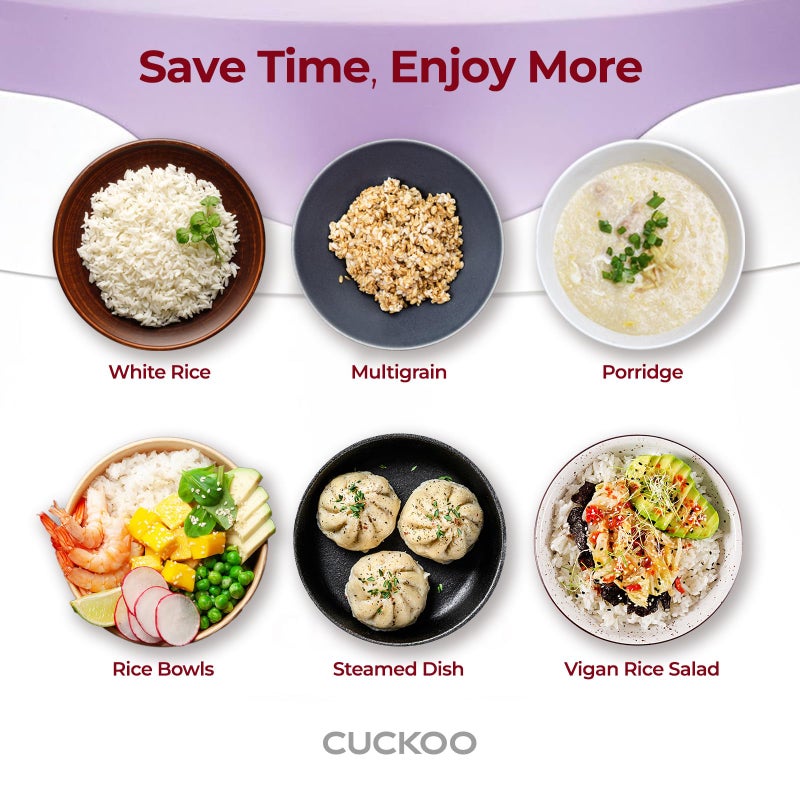 Cuckoo طباخ أرز كوكو الأساسي وسخان مع وعاء داخلي غير لاصق، طباخ أرز 6 أكواب غير مطبوخة / 12 كوب مطبوخة، سهل الاستخدام، طباخ أرز صغير، صانع أرز لزج، أبيض / بنفسجي (CR-0671V) - Image 5