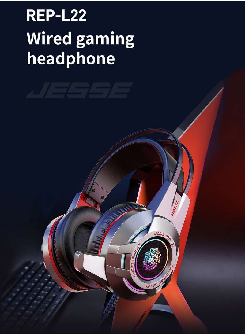 Recci REP-L22 Wired Gaming Headset with Microphone - Lightweight Design & LED - USB and 3.5mm