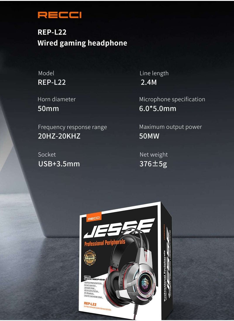 Recci REP-L22 Wired Gaming Headset with Microphone - Lightweight Design & LED - USB and 3.5mm